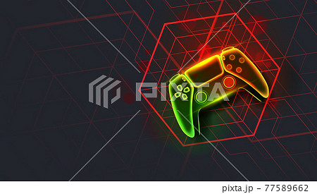 Neon game controller or joystick for game console on dark background. Neon game controller or joystick for game console on dark background. 77589662