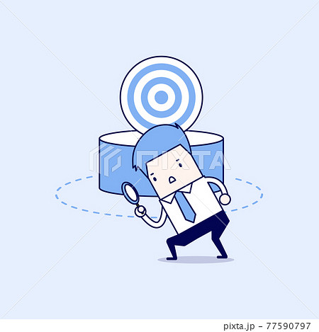 Businessman can not find the target. Cartoon character thin line style vector. 77590797