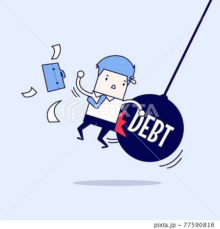 Businessman getting pushed by huge pendulum with message debt. Cartoon character thin line style vector. 77590816