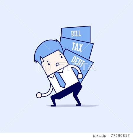 Businessman carry pile of debt, tax and bill. Cartoon character thin line style vector. 77590817