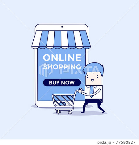 Businessman with shopping cart in front of online store. Cartoon character thin line style vector. 77590827