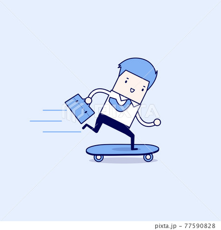 Businessman on skateboard with briefcase. Cartoon character thin line style vector. 77590828