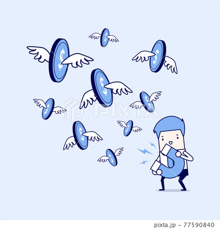 Businessman attracting gold dollar coin with a large magnet. Cartoon character thin line style vector. 77590840