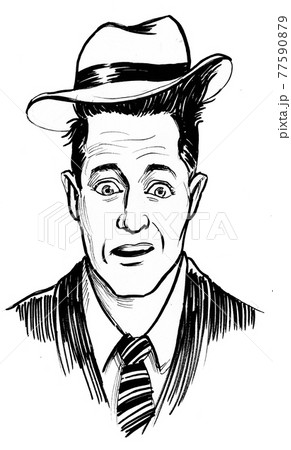 Frightened male character. Ink black and white drawing 77590879