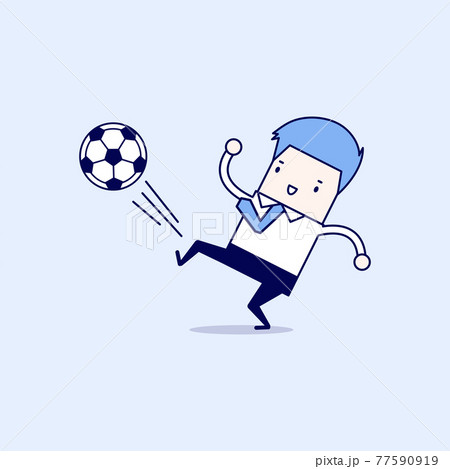 Businessman kicking the ball. Businessman playing football. Cartoon character thin line style vector. Businessman kicking the ball. Businessman playing football. Cartoon character thin line style vector. 77590919