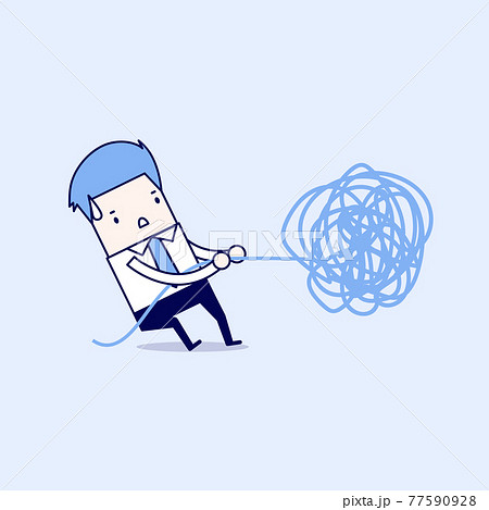 Businessman trying to unravel tangled rope or cable. Cartoon character thin line style vector. 77590928