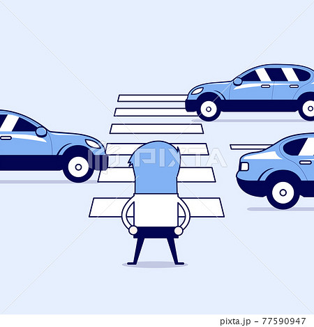 Businessman waiting to cross the road at the crosswalk. Cartoon character thin line style vector. 77590947