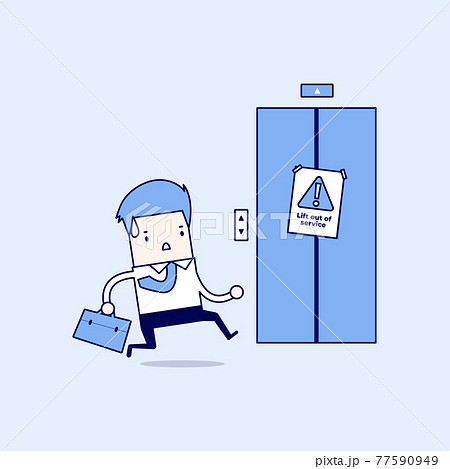 Businessman are running to the elevator. But the elevator is out of service. Cartoon character thin line style vector. 77590949