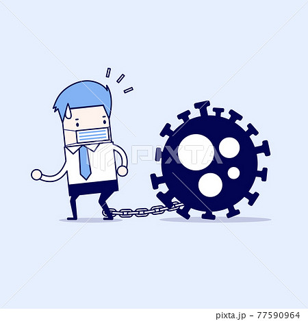 Businessman locked in chains with the coronavirus. COVID-19 corona virus impact to businessman concept. Cartoon character thin line style vector. 77590964