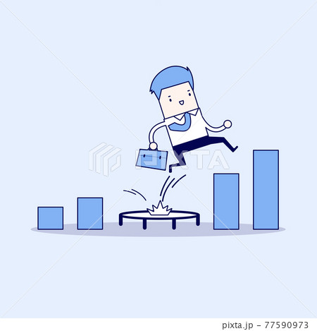 Businessman jumping from trampoline back to top of growing bar graph. Cartoon character thin line style vector. 77590973
