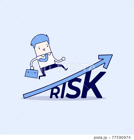 Businessman walking on grow up stock market graph above the word Risk. Cartoon character thin line style vector. 77590974