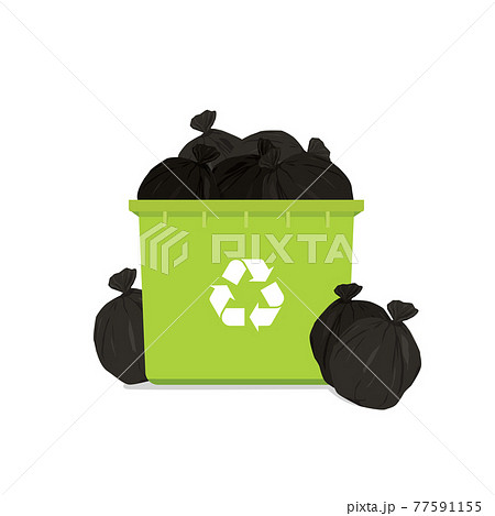 Overflowing green garbage bin with household waste isolated on white background. Overflowing green garbage bin with household waste isolated on white background. 77591155