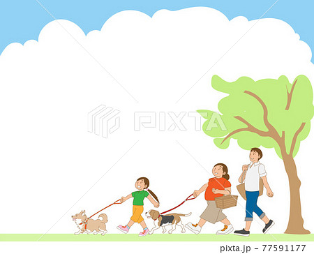 公園で犬と散歩する家族のフレーム素材のイラスト素材