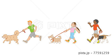 犬と散歩する多民族の子供たちのイラスト素材