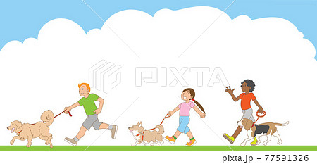 犬と散歩する多国籍の子供たちのイラスト素材