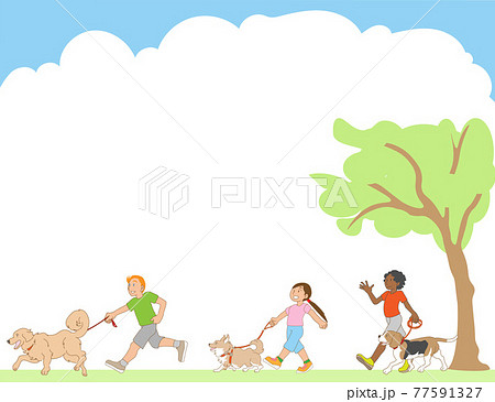 公園で犬と散歩する多民族の子供たちのイラスト素材