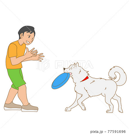 ディスクで犬と遊ぶ少年のイラスト素材