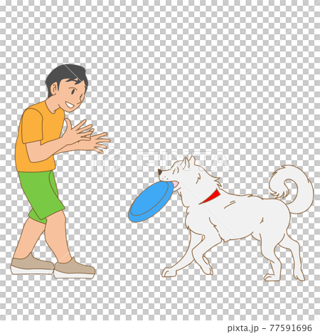 Boy playing with dog on disc Boy playing with dog on disc 77591696