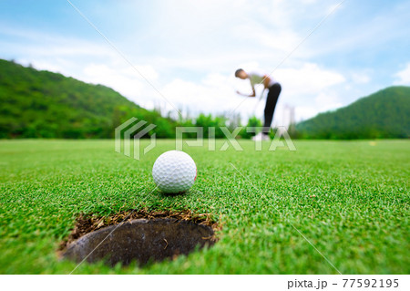 Close up golf ball on green grass field Close up golf ball on green grass field 77592195