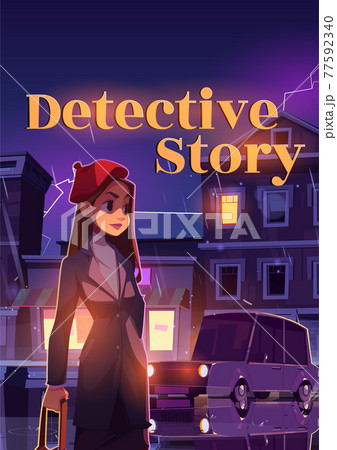 Detective story poster, woman on rainy street 77592340