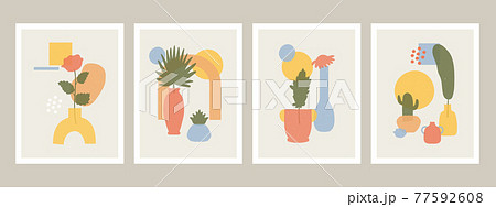 Abstract vases posters. Abstract minimalist vases, flowers and leaves shapes, hand drawn still life vector illustration set. Contemporary abstract art Abstract vases posters. Abstract minimalist vases, flowers and leaves shapes, hand drawn still life vector illustration set. Contemporary abstract art 77592608