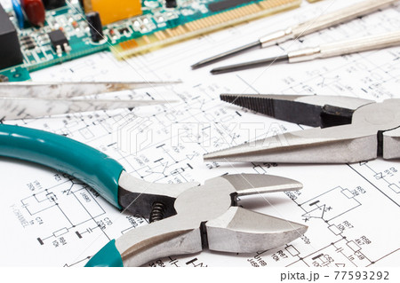 Printed circuit board, precision tools and diagram of electronics. Technology 77593292