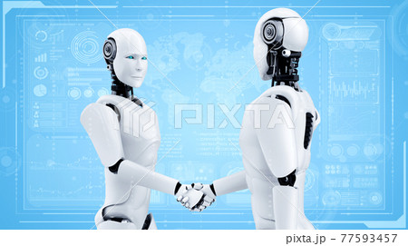 3D rendering humanoid robot handshake to collaborate future technology 77593457