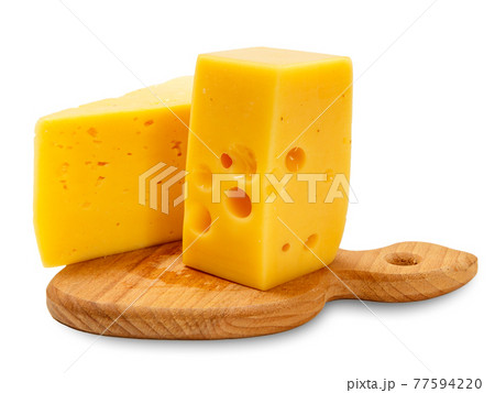 Cheese on wooden cutting board with white background 77594220