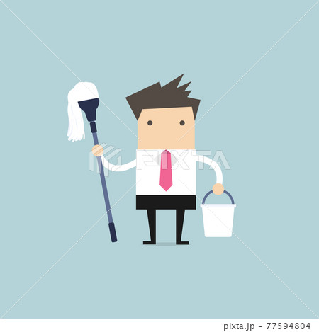 Businessman holding mop and bucket. Cleaning the workplace concept. Businessman holding mop and bucket. Cleaning the workplace concept. 77594804
