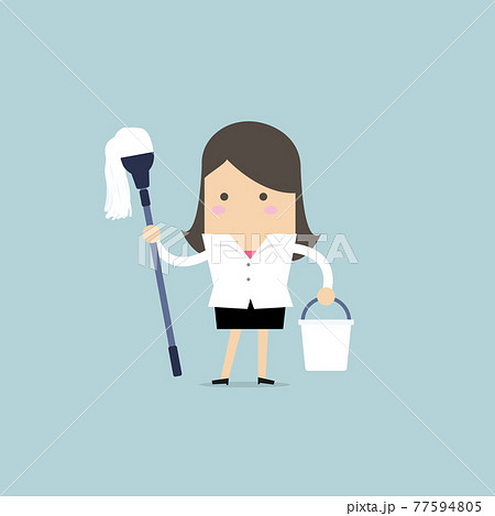 Businesswoman holding mop and bucket. Cleaning the workplace concept. Businesswoman holding mop and bucket. Cleaning the workplace concept. 77594805