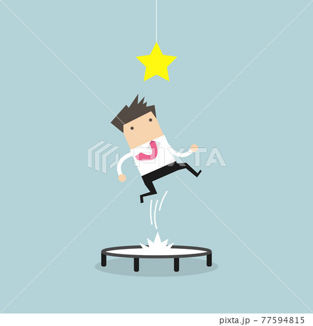 Businessman trying to catch the star by jumping on trampoline. Businessman trying to catch the star by jumping on trampoline. 77594815
