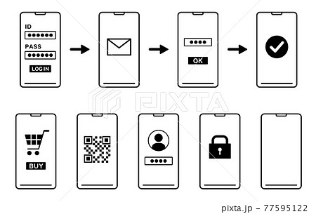 会員登録の流れのスマートフォンのイラスト　ログイン画面　線画 77595122