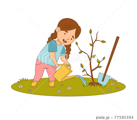 Happy Girl with Shovel Watering Tree Sapling Engaged in Spring Season Activity Vector Illustration Happy Girl with Shovel Watering Tree Sapling Engaged in Spring Season Activity Vector Illustration 77595393