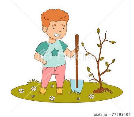Happy Boy with Shovel Planting Tree Sapling Engaged in Spring Season Activity Vector Illustration 77595404