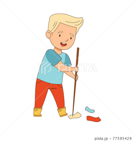 Cheerful Blond Boy Enjoying Spring Season Engaged in Litter Pick Gathering Rubbish with Stick Vector Illustration 77595429