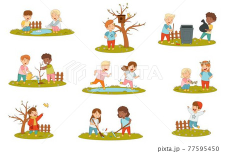 Cheerful Kids Enjoying Spring Season Splashing in Puddle, Planting Tree and Picking Litter Vector Set Cheerful Kids Enjoying Spring Season Splashing in Puddle, Planting Tree and Picking Litter Vector Set 77595450