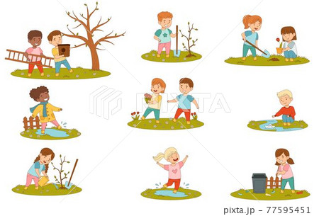 Cheerful Kids Enjoying Spring Season Splashing in Puddle, Planting Tree and Playing with Paper Boat Vector Set Cheerful Kids Enjoying Spring Season Splashing in Puddle, Planting Tree and Playing with Paper Boat Vector Set 77595451