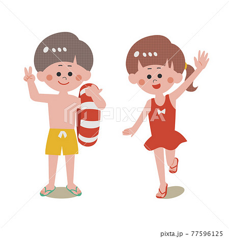 水着を着た男の子と女の子 水着を着た男の子と女の子 77596125