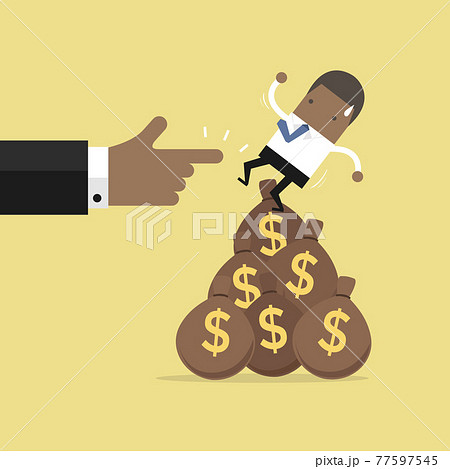 African businessman falling from money bag. 77597545