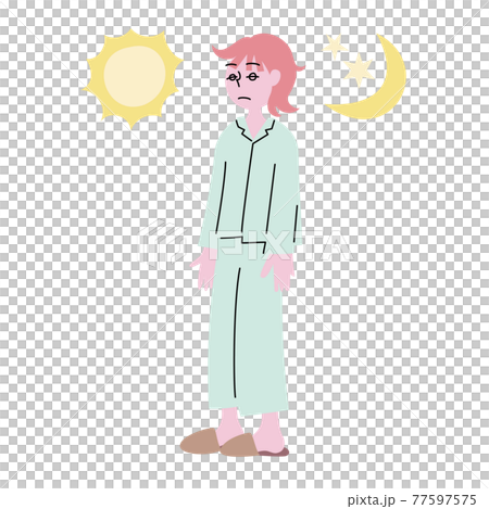 A woman in pajamas with a drowsy and vague expression that seems to be sleepy 77597575
