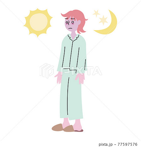 不安気な表情の睡眠不足による不調で顔色が悪い眠れないパジャマ姿の女性 不安気な表情の睡眠不足による不調で顔色が悪い眠れないパジャマ姿の女性 77597576