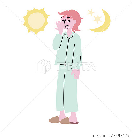 眠たそうなボーッとした朧げな表情の寝起きで寝ぐせのついたパジャマ姿のあくびをする女性 眠たそうなボーッとした朧げな表情の寝起きで寝ぐせのついたパジャマ姿のあくびをする女性 77597577