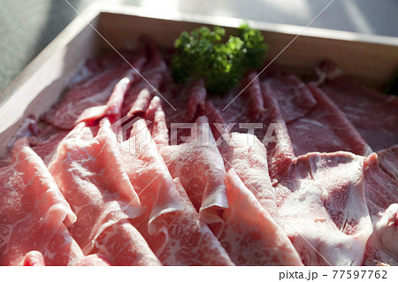 Raw red beef slice for Shabu and Sukiyaki Japanese style. Can use to create menu in the restaurant. Raw red beef slice for Shabu and Sukiyaki Japanese style. Can use to create menu in the restaurant. 77597762
