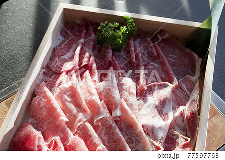 Raw red beef slice for Shabu and Sukiyaki Japanese style. Can use to create menu in the restaurant. Raw red beef slice for Shabu and Sukiyaki Japanese style. Can use to create menu in the restaurant. 77597763