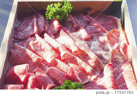 Raw red beef slice for Shabu and Sukiyaki Japanese style. Can use to create menu in the restaurant. Raw red beef slice for Shabu and Sukiyaki Japanese style. Can use to create menu in the restaurant. 77597765