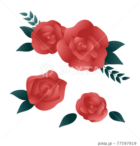 赤い薔薇と葉っぱのベクターイラストセットのイラスト素材