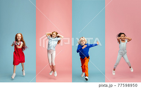 Art collage made of portraits of little and happy kids isolated on multicolored studio background. Human emotions, facial expression concept 77598950