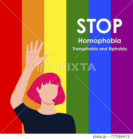 Stop Homophobia. LGBT woman with pink hair raised her hand in protest. May 17 - The International Day Against Homophobia, Transphobia and Biphobia. Vector illustration in flat style. Stop Homophobia. LGBT woman with pink hair raised her hand in protest. May 17 - The International Day Against Homophobia, Transphobia and Biphobia. Vector illustration in flat style. 77599473