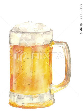 冷えた生ビールジョッキ一杯 水彩画 コピースペースあり 白バック Pngのイラスト素材