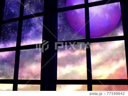 窓から見える満月と星空のイラストのイラスト素材